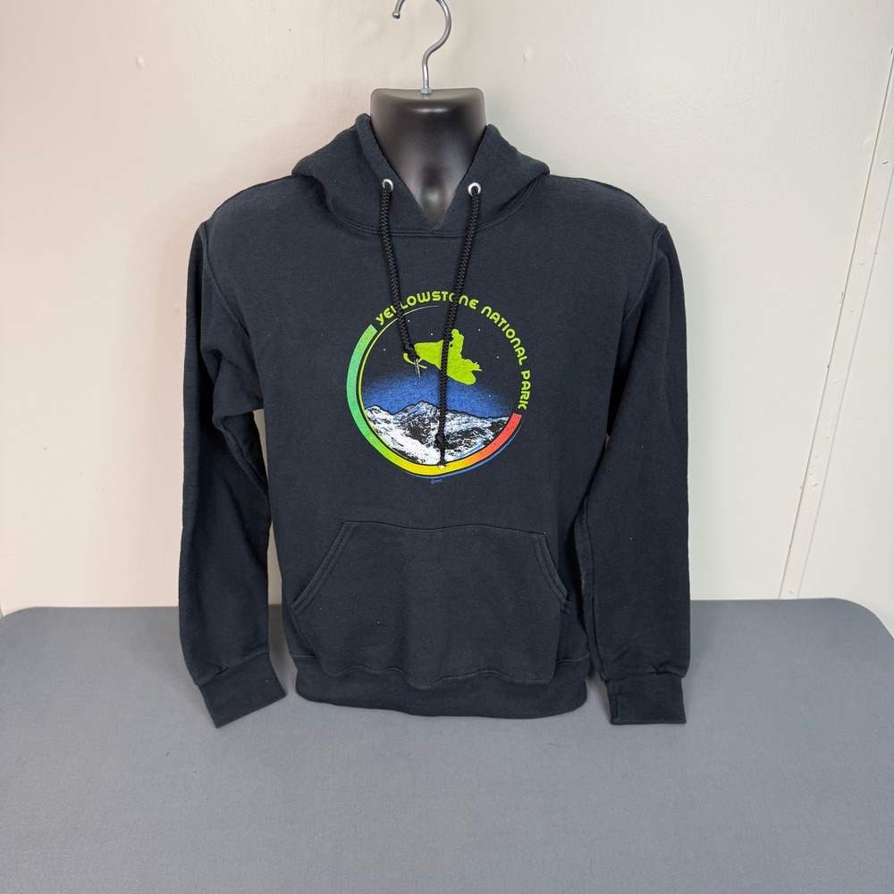 VTG Jerzees Men's Yellowstone National Park Graphic Pullover Hoodie Black Small - Picture 2 of 4